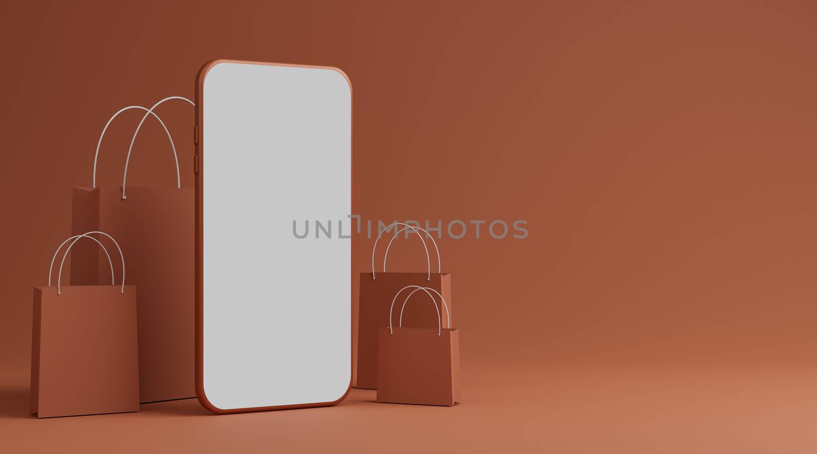 Smartphone with blank white screen mockup and paper shopping bag on pastel background. Shopping online concept. 3D rendering.