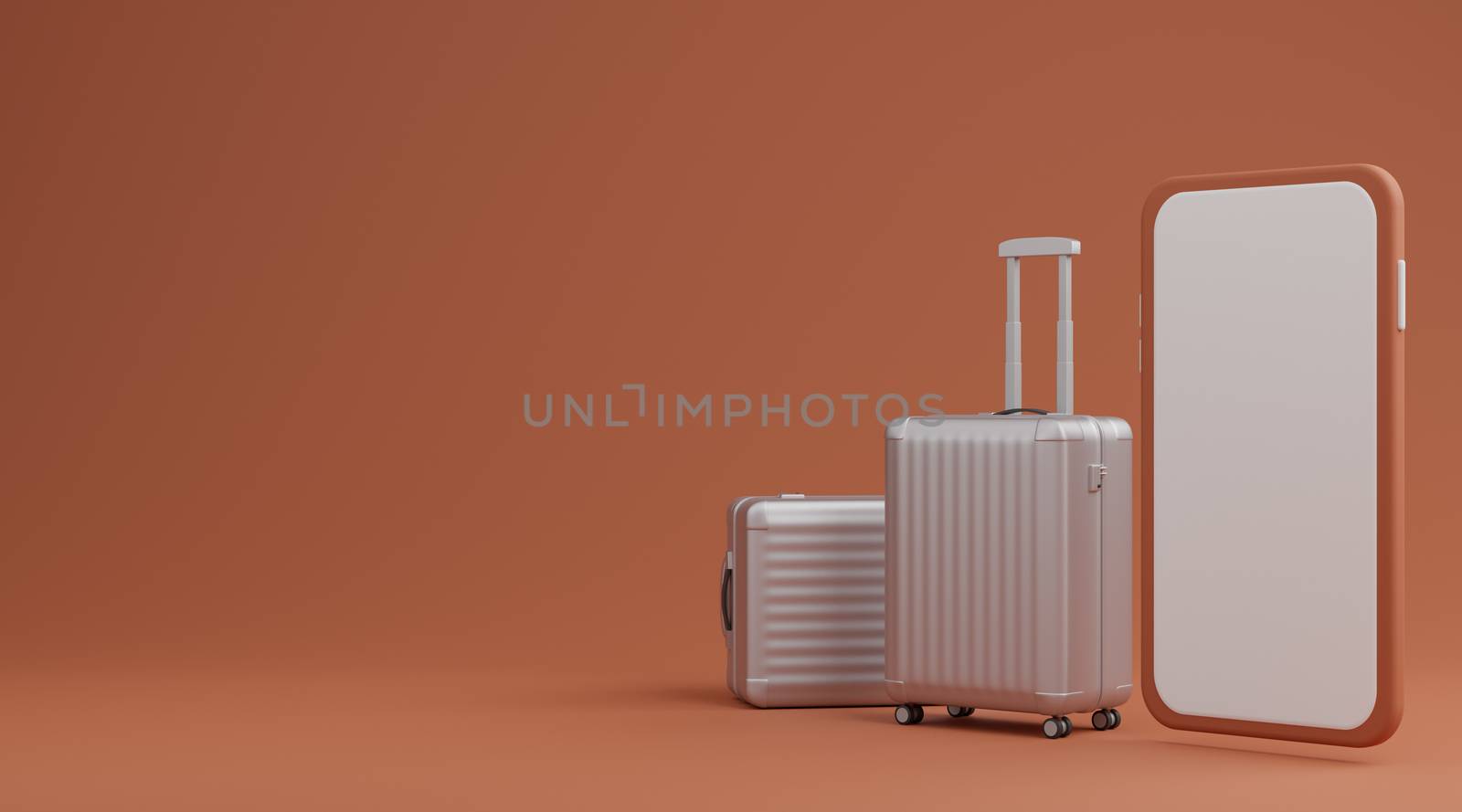 White luggage with white screen mobile mockup over brown backgro by sirawit99