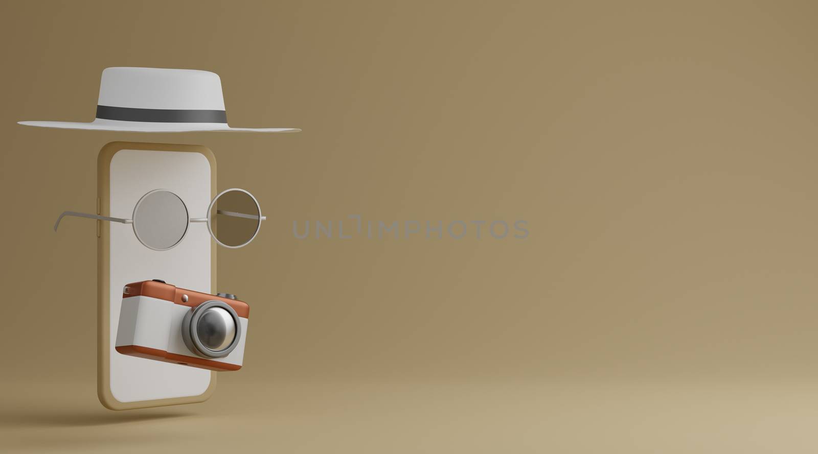 White screen mobile, sunglasses, hat and camera over brown background travel concept. 3d rendering