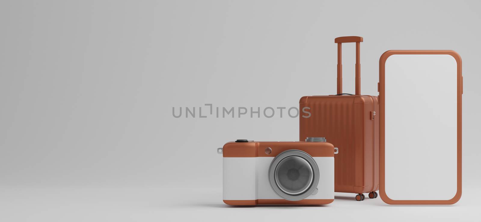 Brown luggage with white screen mobile mockup and camera over white background travel concept. 3d rendering