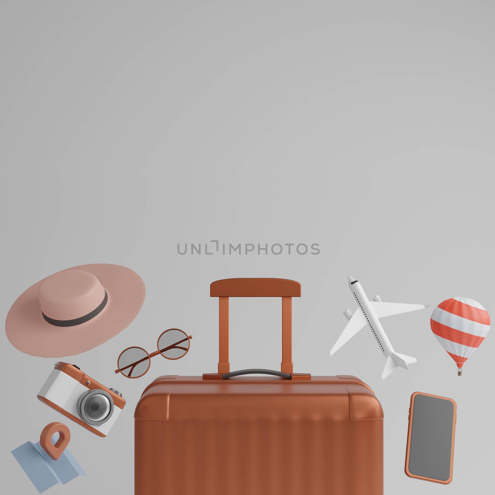 Luggage with airplane, sunglasses, hat , balloon and camera over grey background travel concept. 3d rendering.