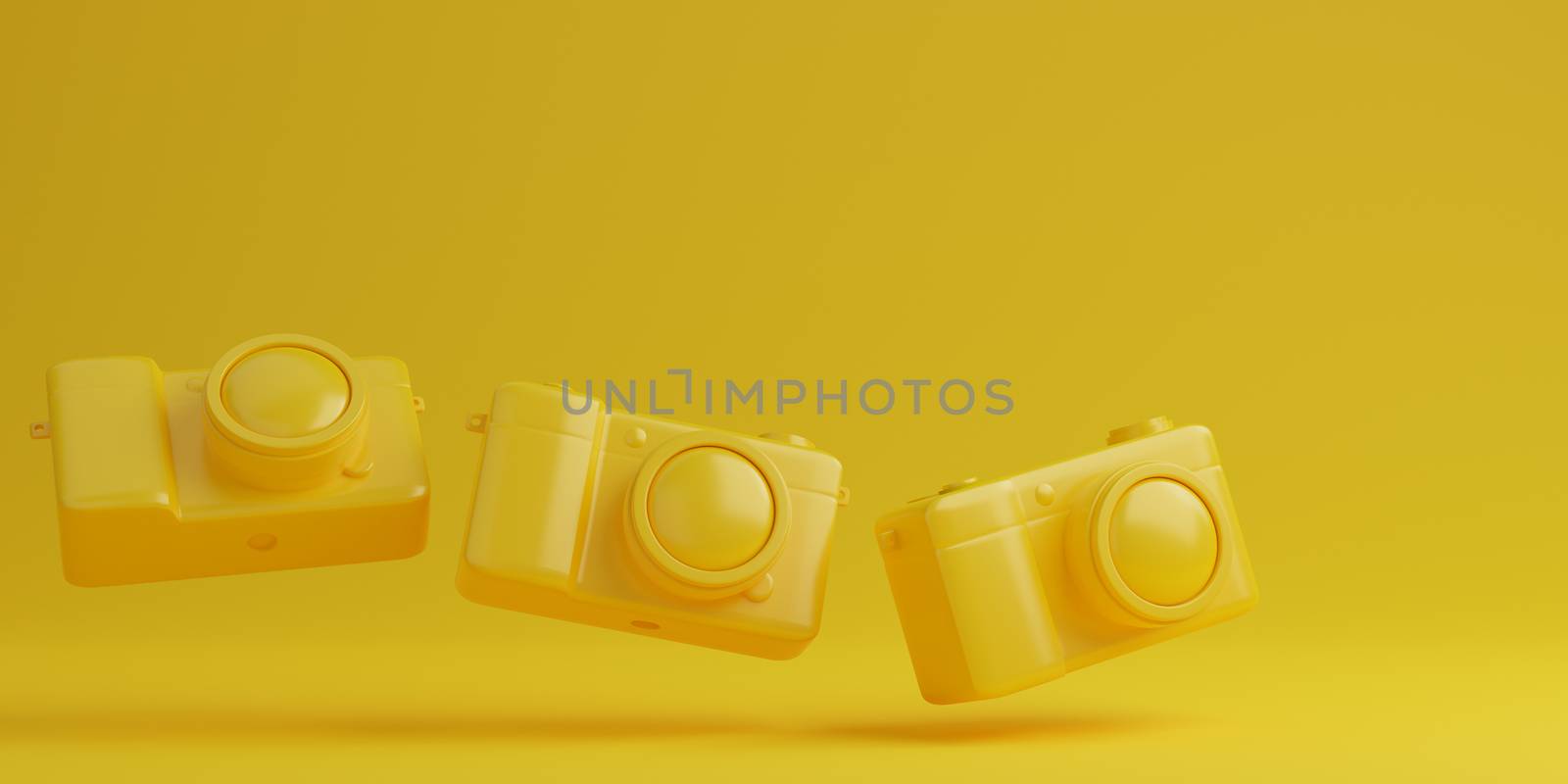 Yellow digital camera on yellow background, technology concept. 3d rendering