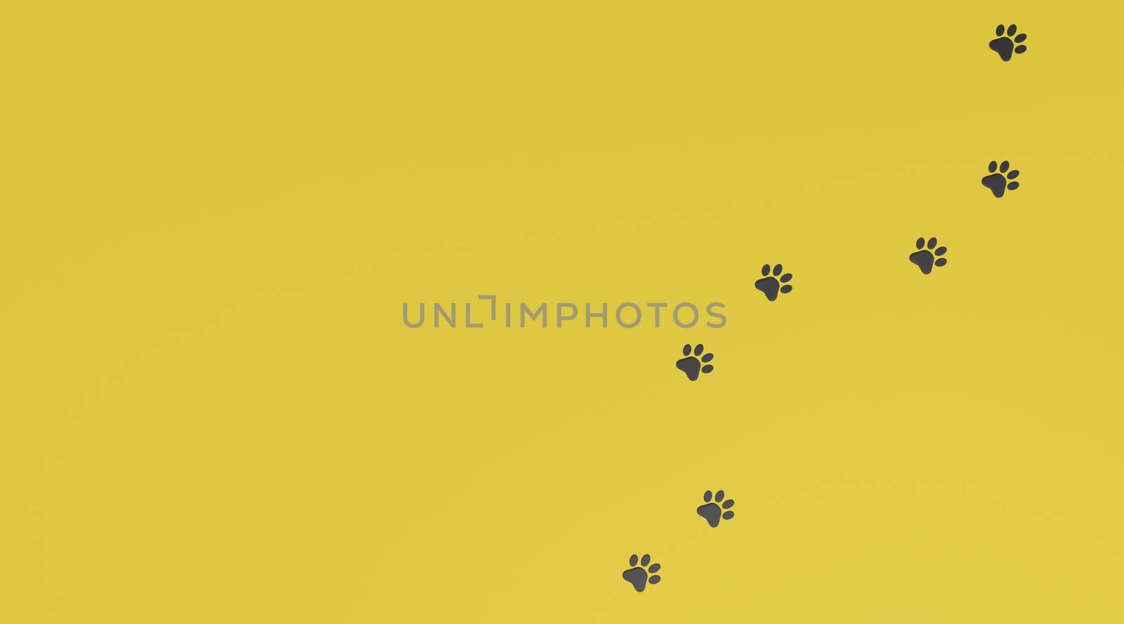 Black paw print on yellow background. Dog or cat paw print. Animal track. pet concept. 3D renderring.