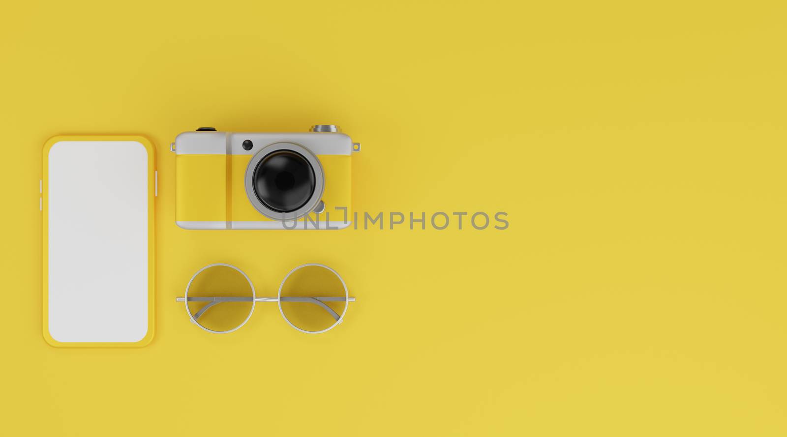 White screen mobile mockup, camera and sunglasses over yellow background travel concept. 3d rendering