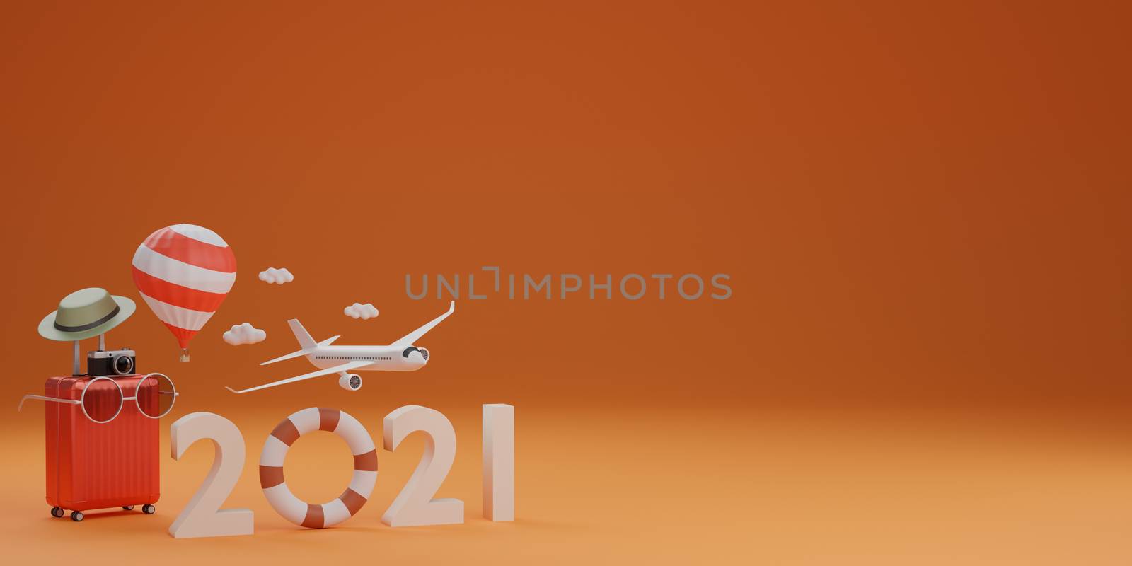 Happy New year 2021: swimming rubber ring with airplane, luggage, hat and sunglasses over orange background travel concept. 3d rendering