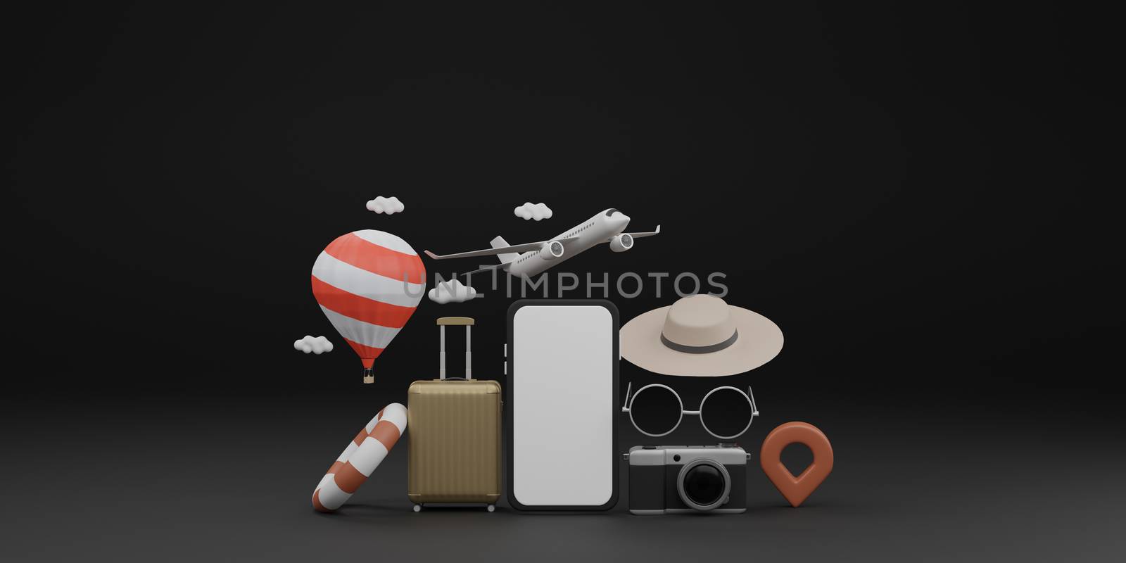 white screen mobile mockup with airplane, balloon, swimming rubber ring, luggage, sunglasses, hat and camera over black background travel concept. 3d rendering
