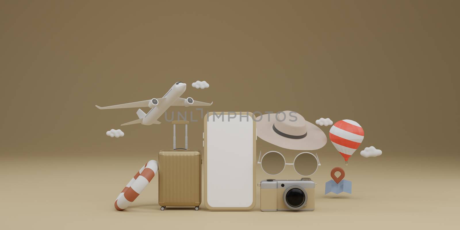 White screen mobile mockup with airplane, balloon, swimming rubber ring, luggage, sunglasses, hat and camera over brown background travel concept. 3d rendering