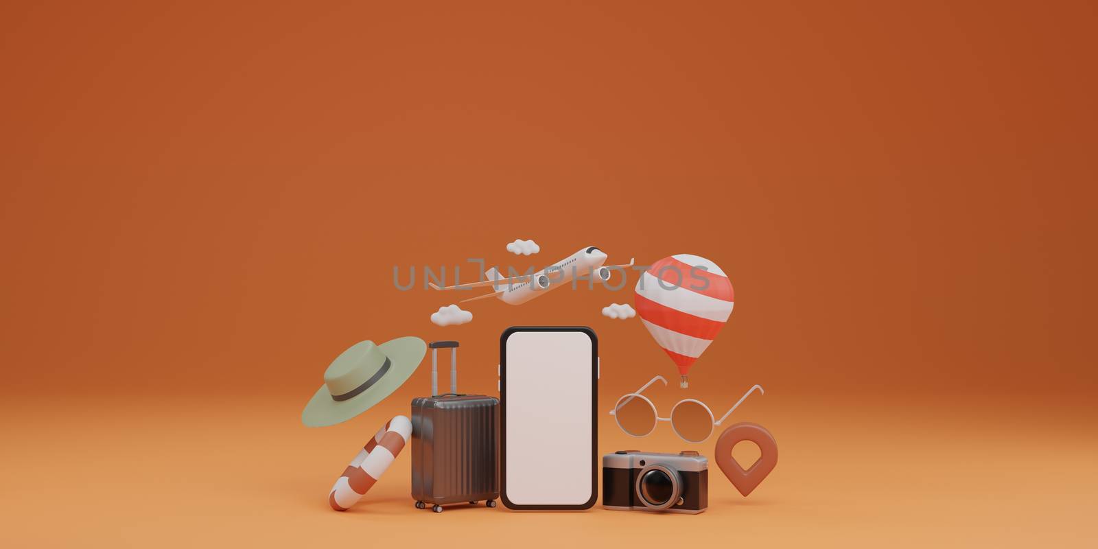 White screen mobile mockup with airplane, balloon, swimming rubber ring, luggage, sunglasses, hat and camera over orange background travel concept. 3d rendering