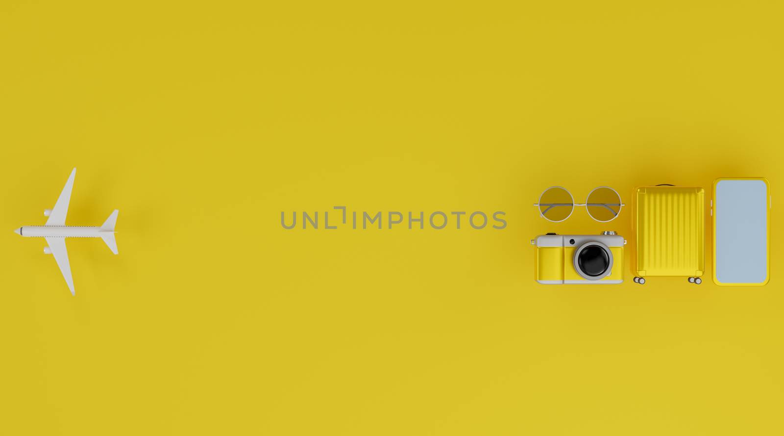 White screen mobile mockup with airplane, camera, luggage, and sunglasses over yellow background travel concept. 3d rendering