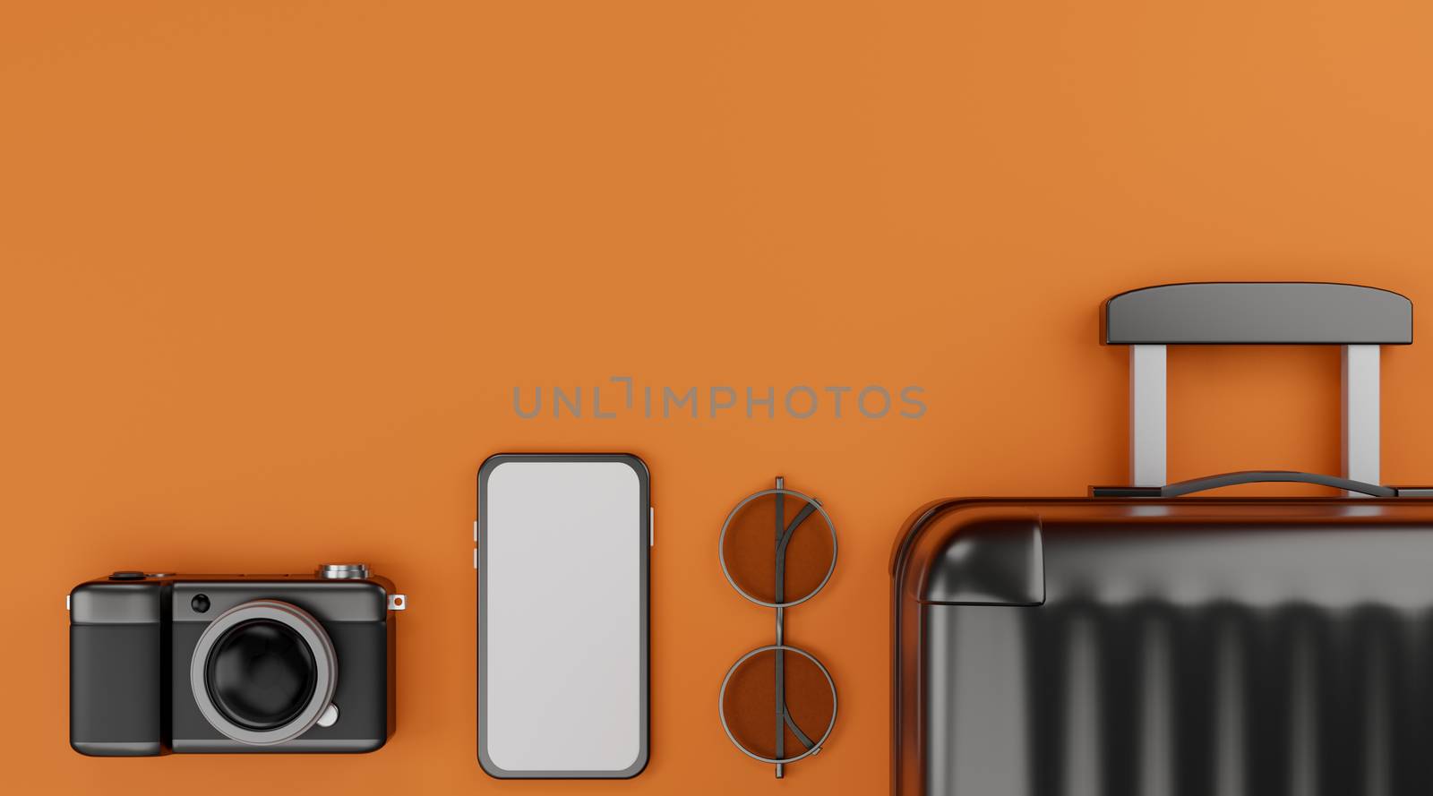 White screen mobile mockup with camera, luggage, and sunglasses over orange background travel concept. 3d rendering