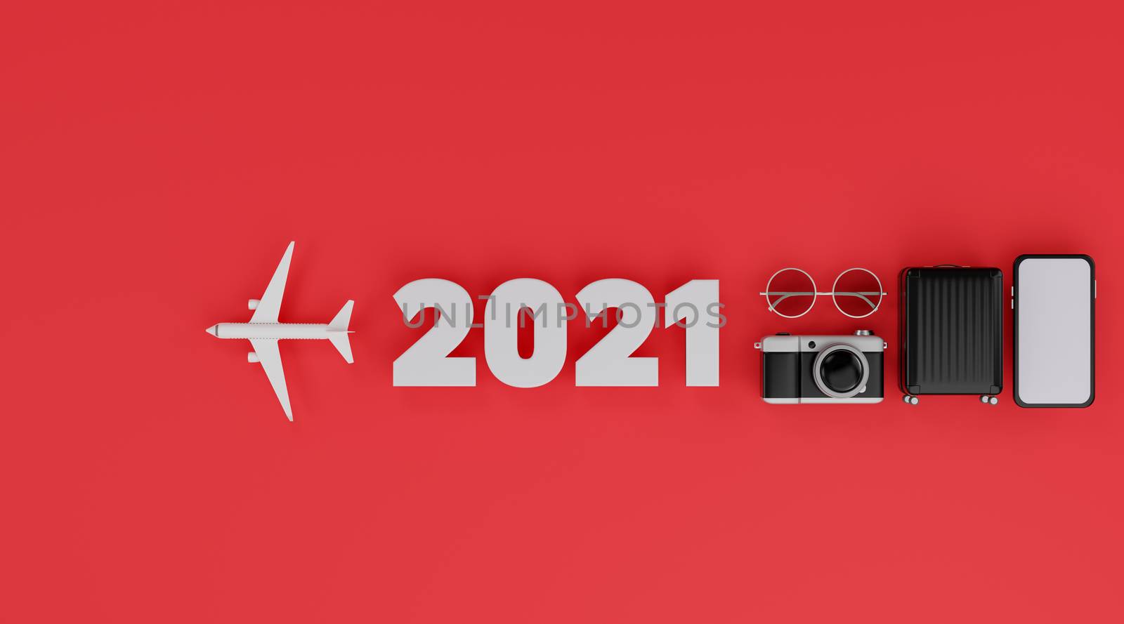 Happy New year 2021: White screen mobile mockup with airplane, camera, luggage, and sunglasses over red background travel concept. 3d rendering