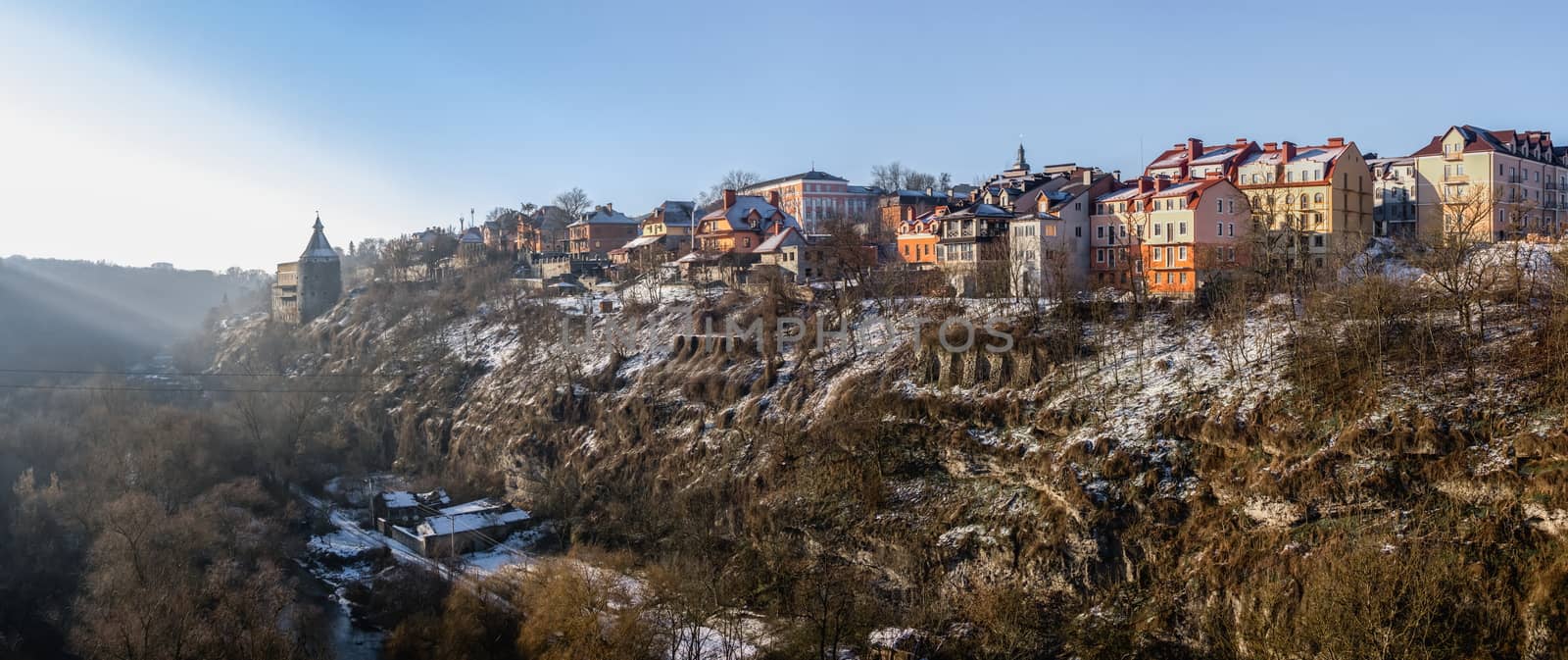 Kamianets-Podilskyi, Ukraine 01.07.2020. Smotrytsky canyon and river around the Kamianets-Podilskyi fortress on a sunny winter morning