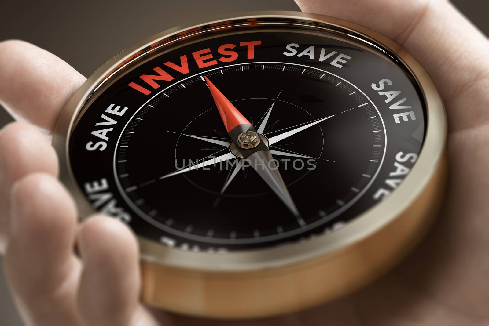 Hand holding a conceptual compass with the words invest or save. Investing strategy concept. Composite image between a hand photography and a 3D background.