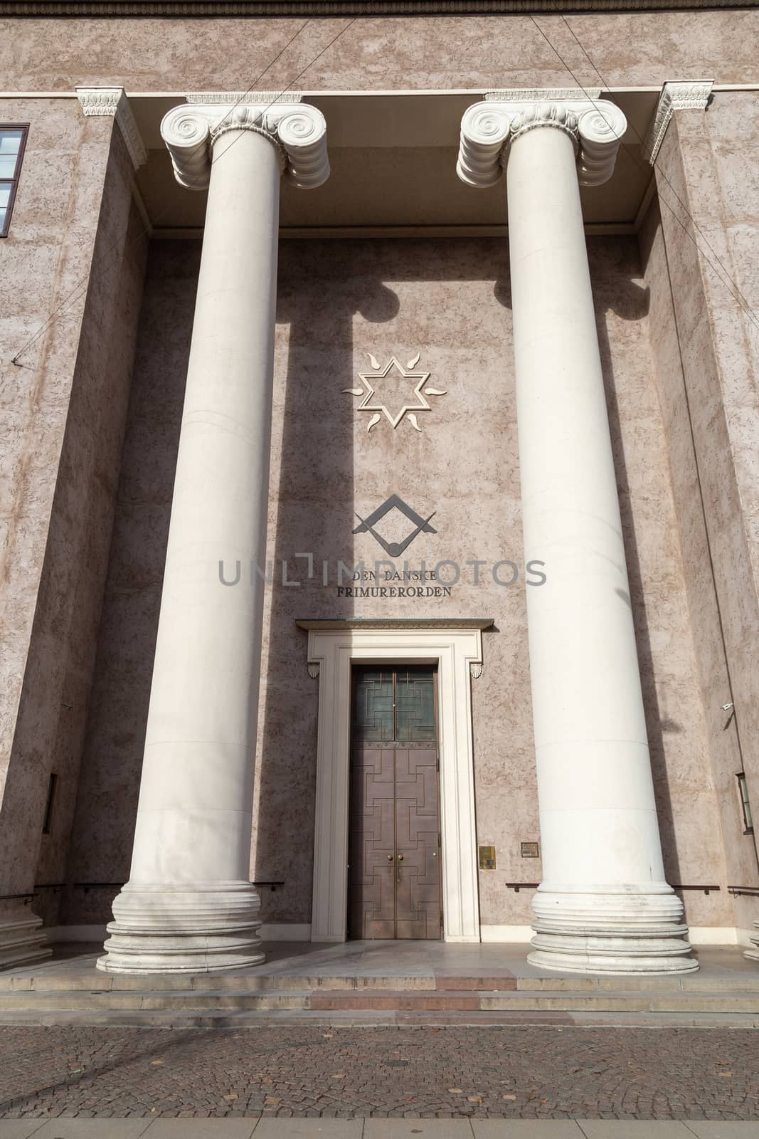 Copenhagen, Denmark - February 12, 2019: Entrance to the Freemasons' Hall, the headquarters of the Danish Order of Freemasons