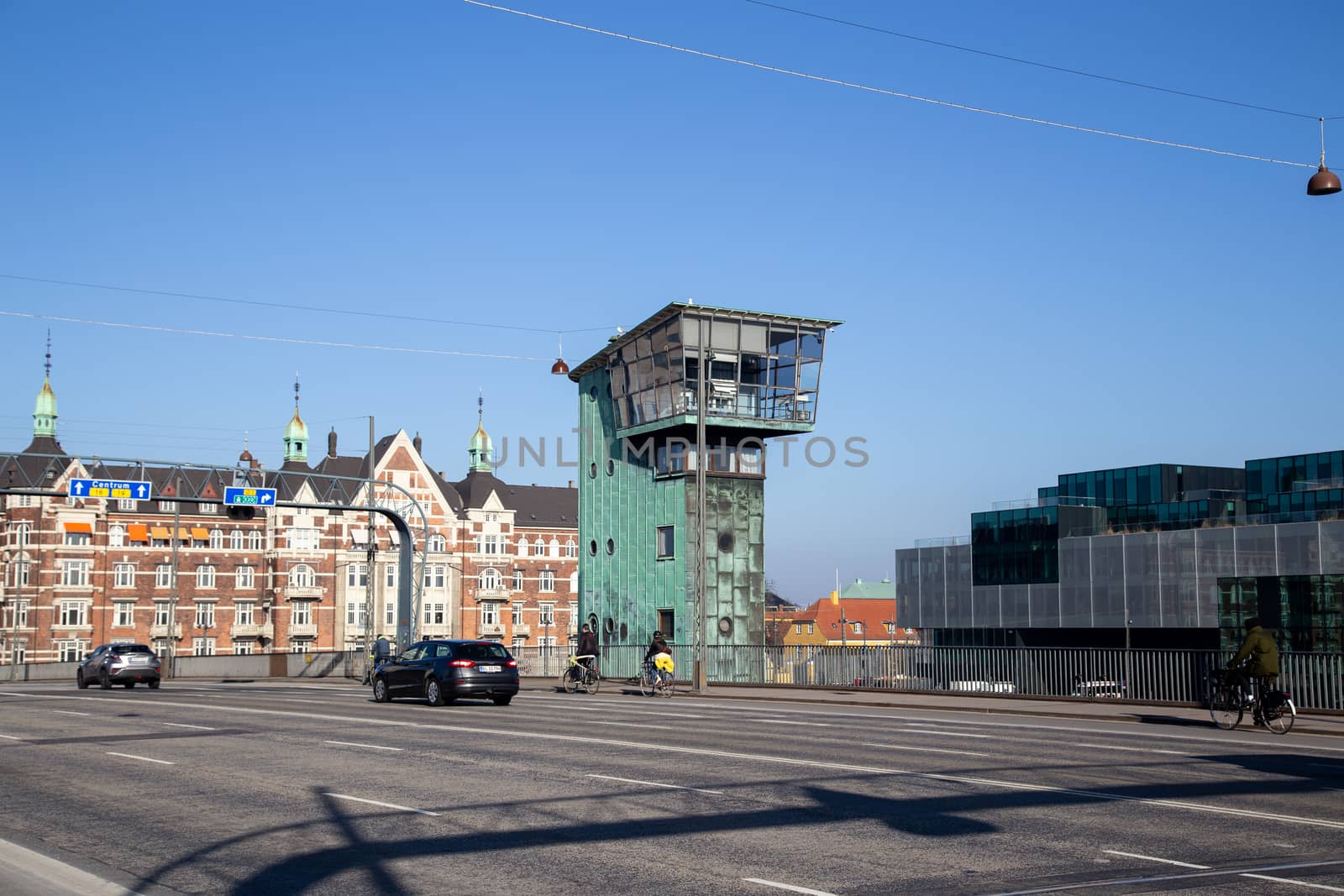Copenhagen, Denmark - February 27, 2019: Control Tower on Langebro Bridge in the Inner Harbour.