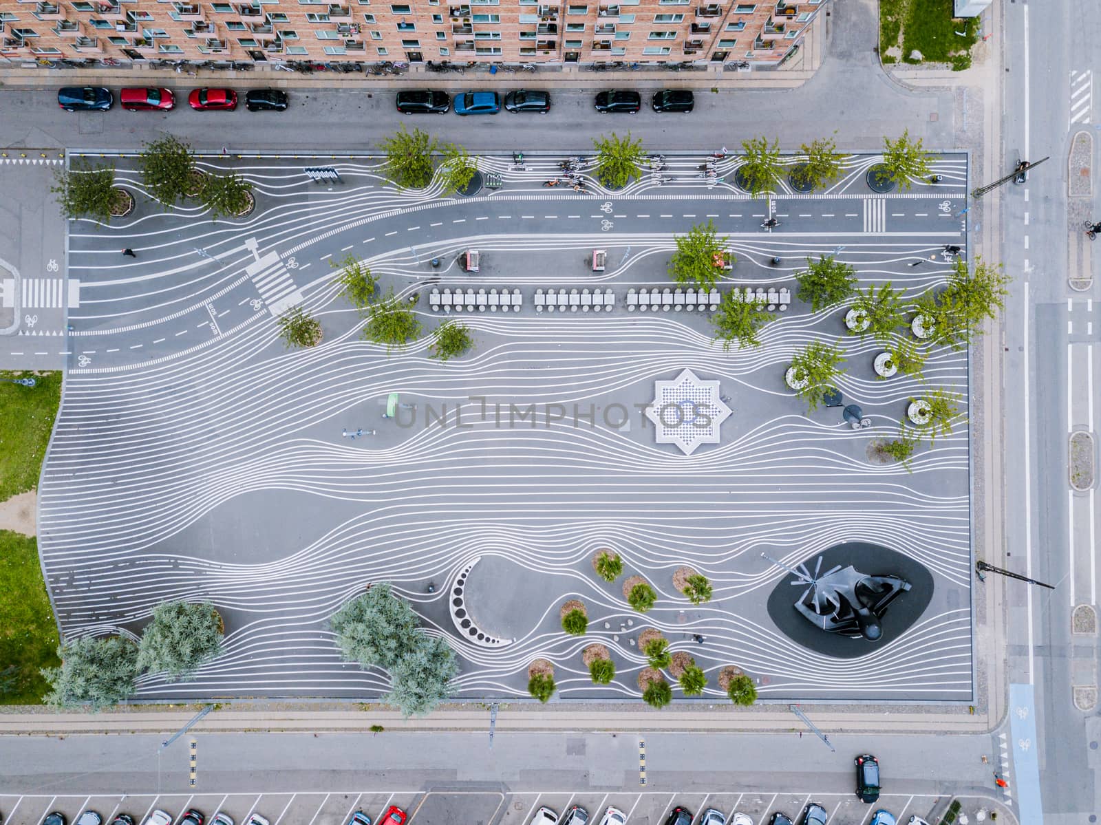 Copenhagen, Denmark - August 23, 2019: Aerial drone view of Superkilen Park in Norrebro district. Designed by the arts group Superflex.