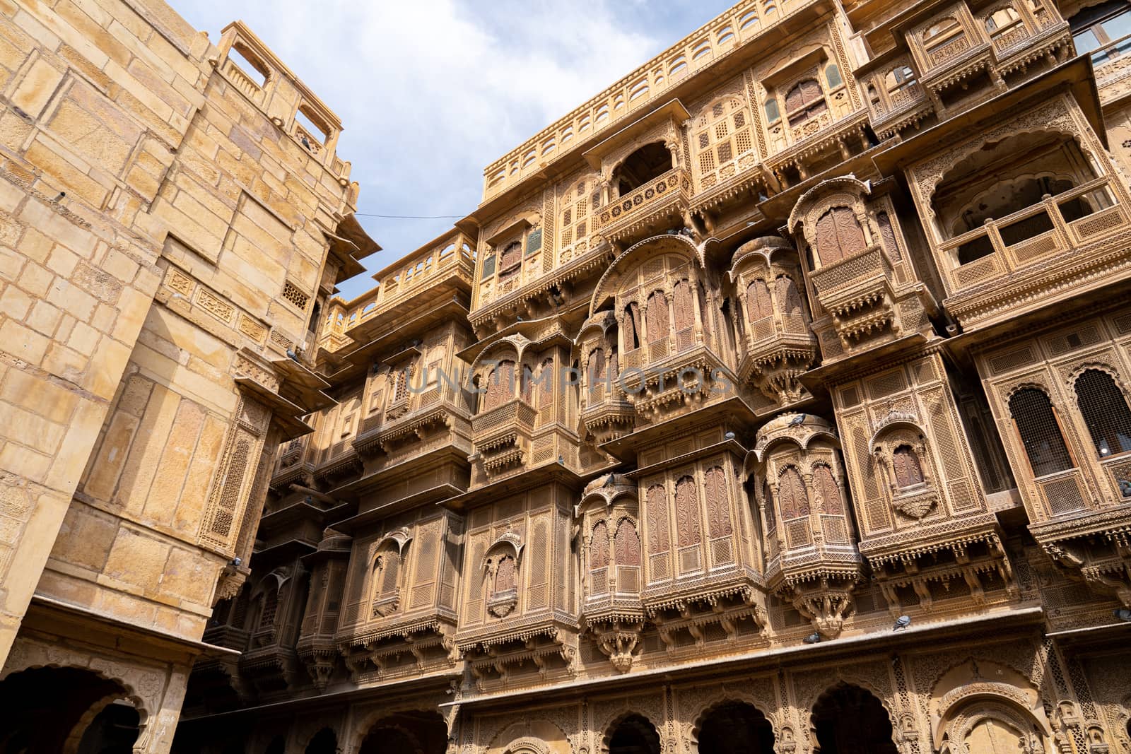 Jaisalmer, India - December 6, 2019: Facade of the beautiful Patwon Ki Haveli in the historic city centre.