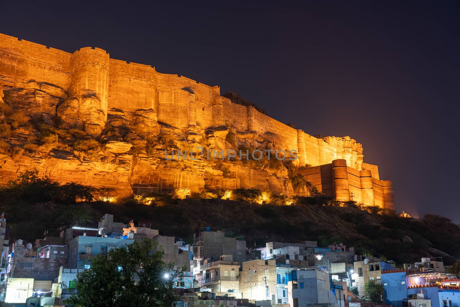 Jodhpur, India - December 9, 2019: Panoramic View of the illuminated Mehrangarh Fort.