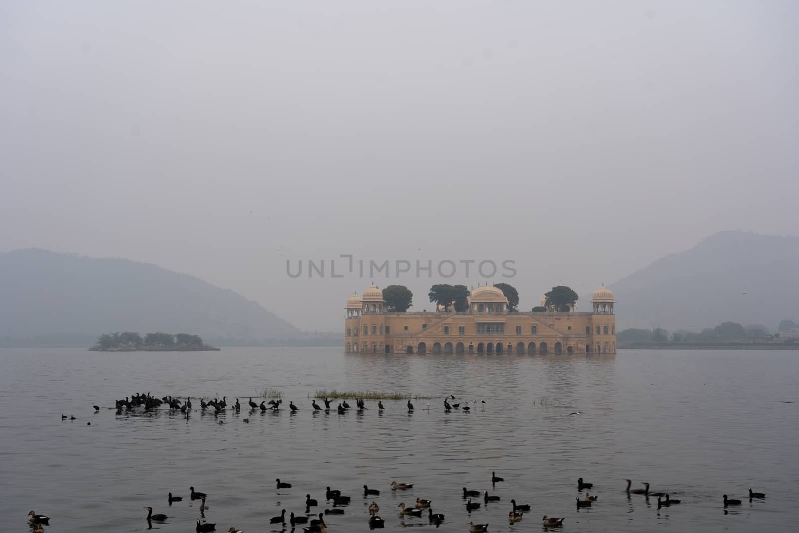 Jaipur, India - December 12, 2019: The Water Palace Jal Mahal on a foggy morning.