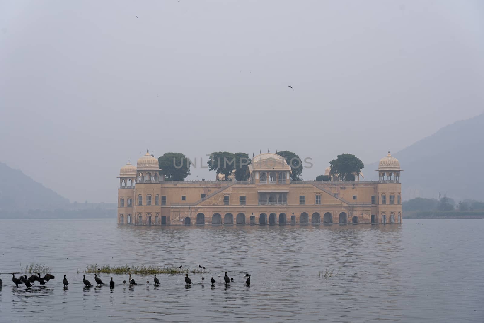 Jaipur, India - December 12, 2019: The Water Palace Jal Mahal on a foggy morning.