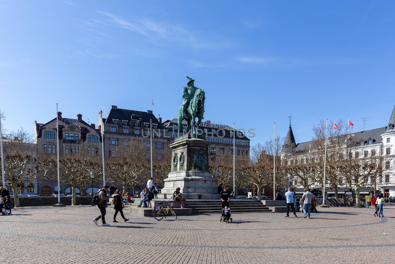 Malmo, Sweden - April 20, 2019: King Karl X Gustav Statue on the Stortorget square in the historic city centre.