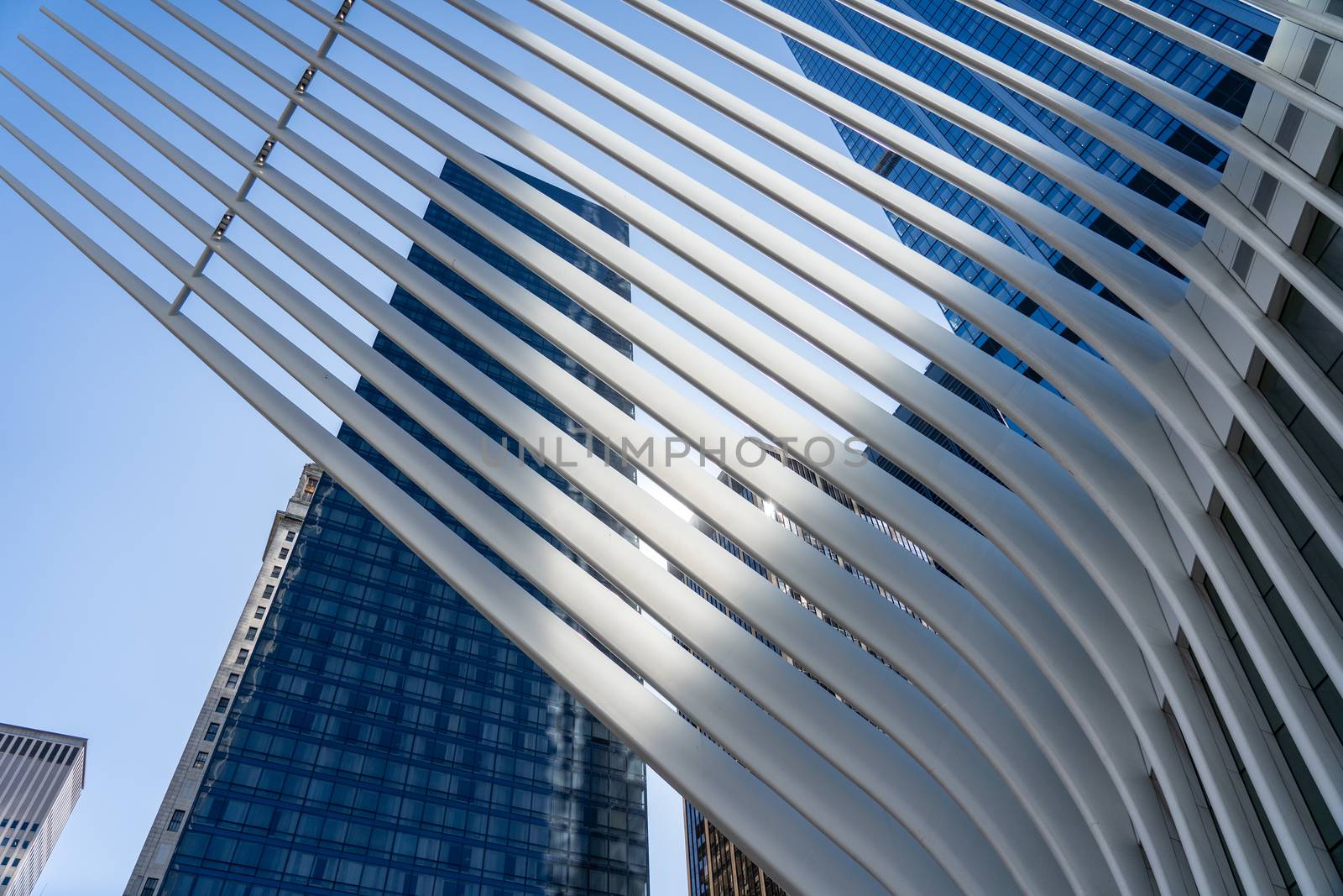 New York, United States of America - September 19, 2019: Exterior view of the roof structure of the World Trade Center train station, also called Oculus