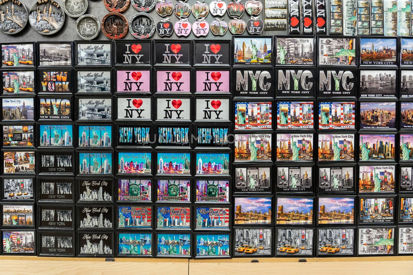 New York, United States - September 20, 2019: Collection of magnets for sale in a souvenir shop in Manhattan.