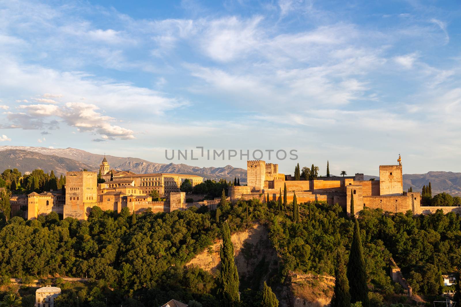 Granada, Spain - May 26, 2019: Exterior view of the famous Alhambra Palace