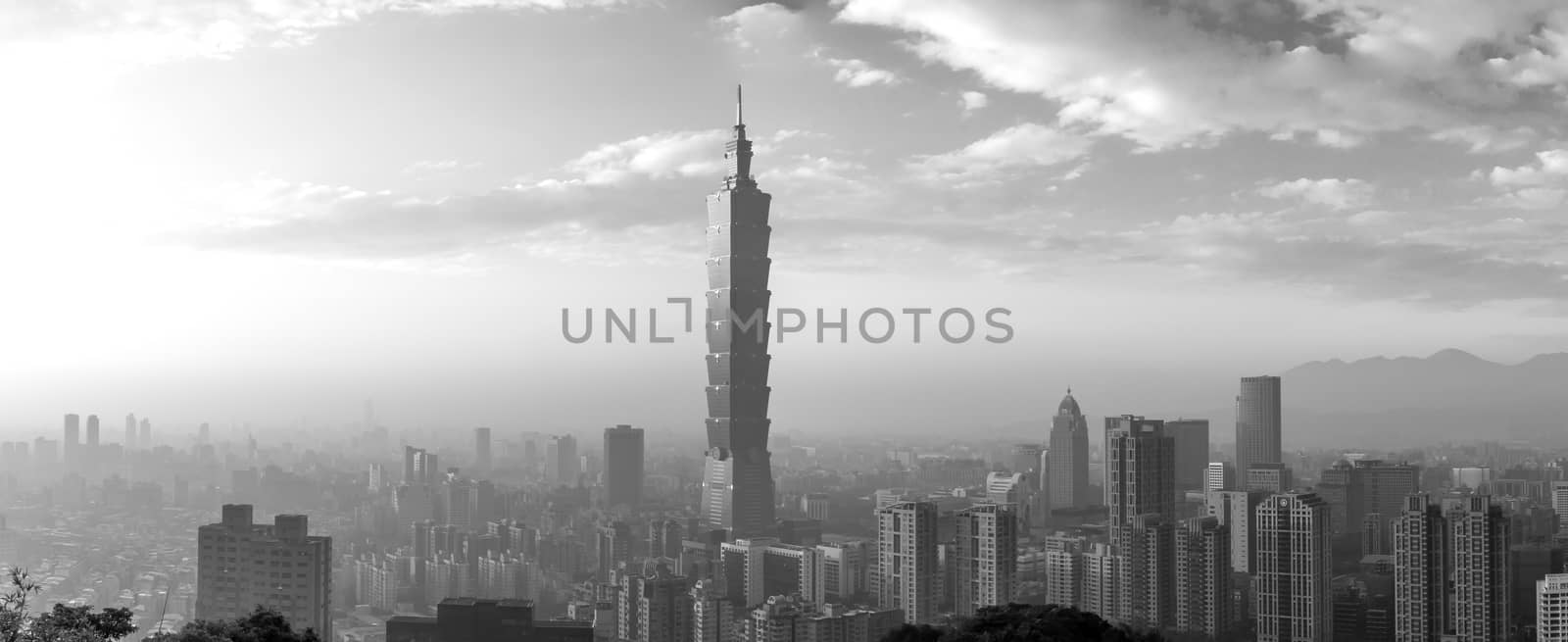 Taipei, Taiwan - January 5, 2015: Black and white panoramic view of Taipei city skyline during sunset