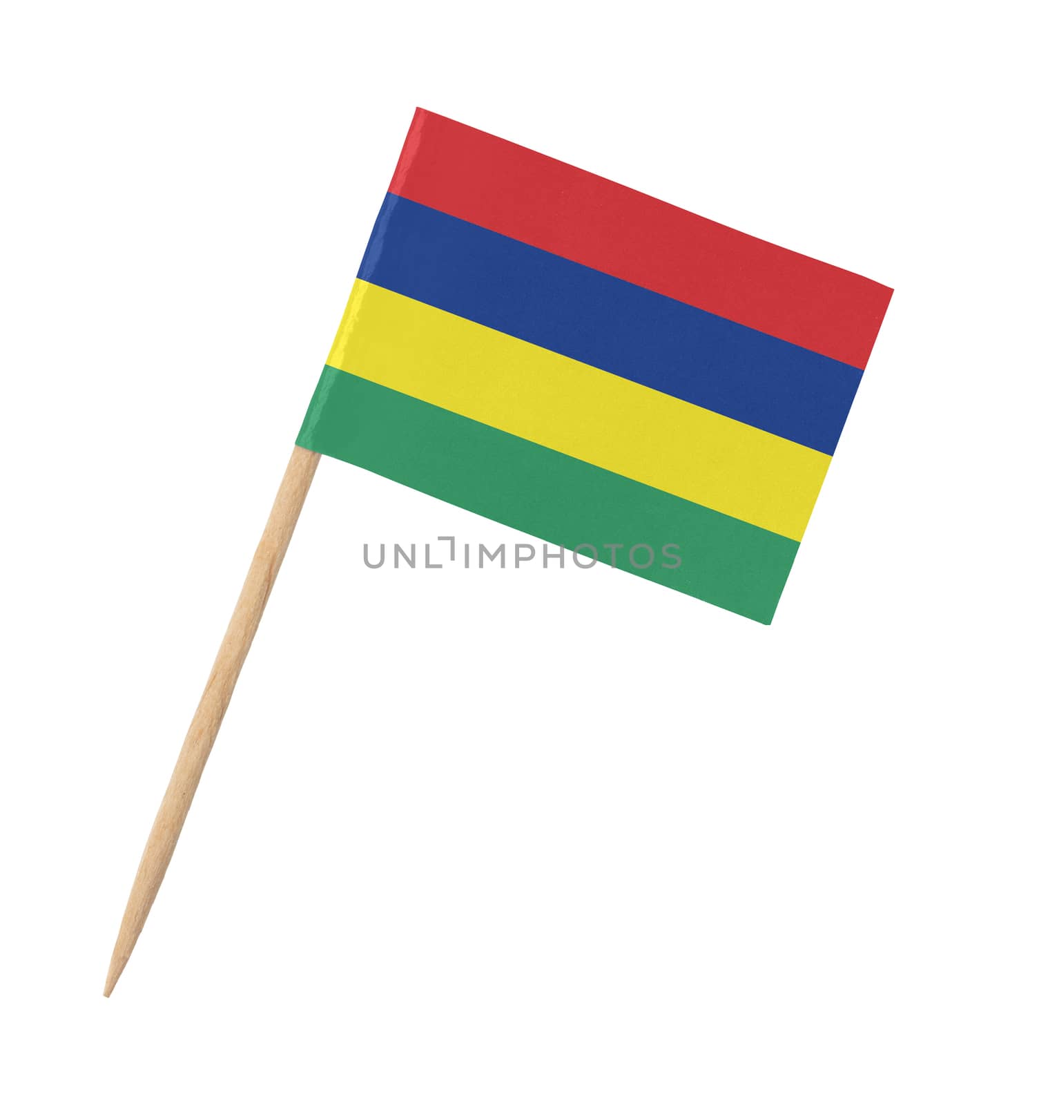 Small paper flag of Mauritius on wooden stick, isolated on white