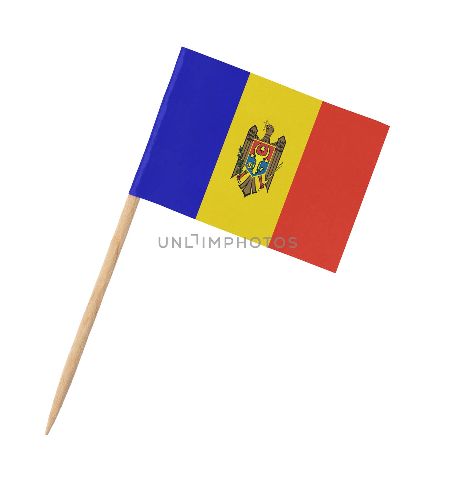Small paper flag of Moldova on wooden stick, isolated on white