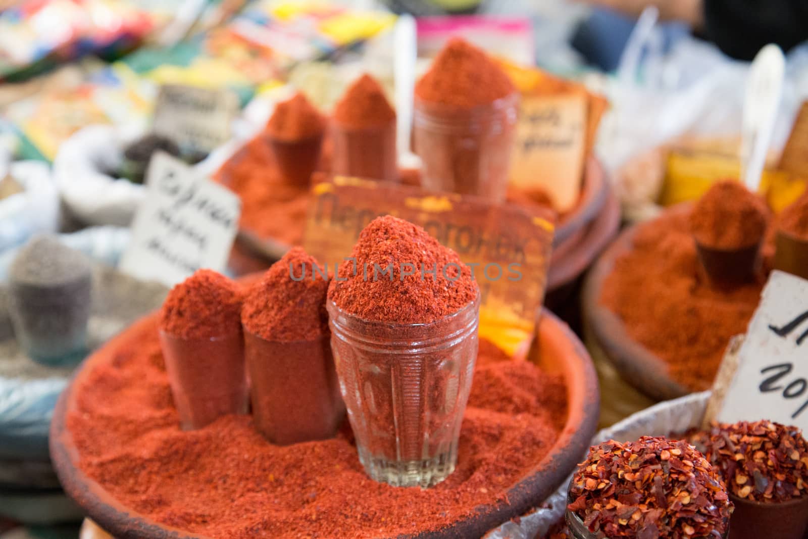 Bishkek, Kyrgyzstan - October 02, 2014: Close-up of spices at Osh Bazar