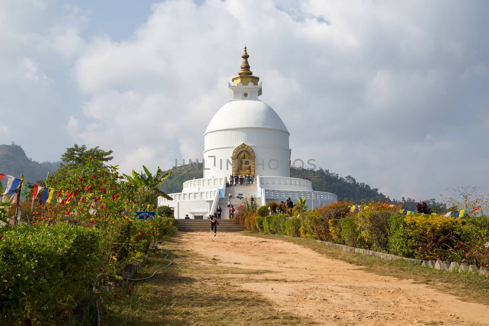 Pokhara, Nepal - November 14, 2014: Exterior view of the World Peace Pagoda