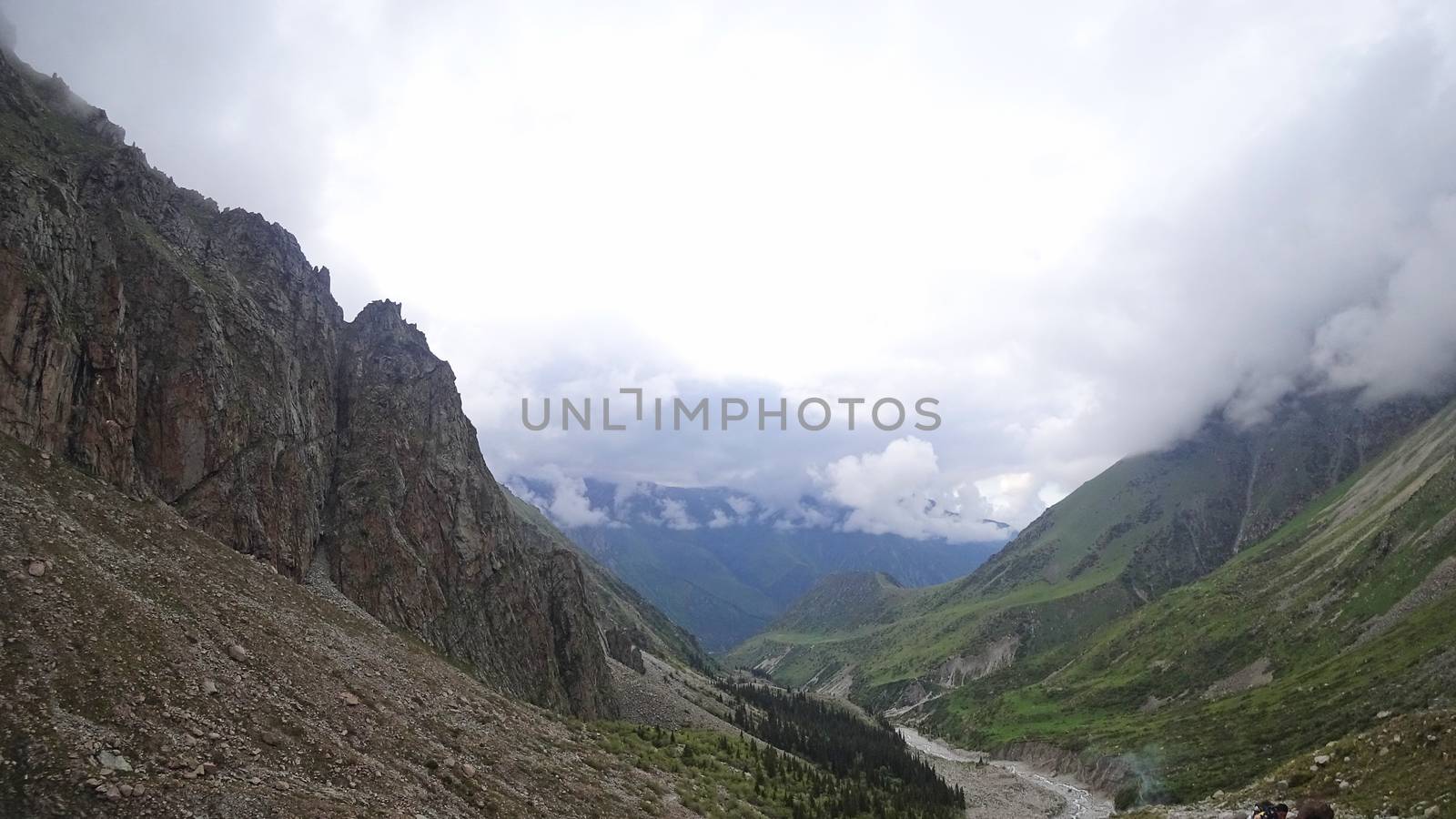 The river runs through a green gorge in the mountains. The view from the height of the bustling river, large stones, green fields and trees. The hills are covered with clouds. Ala Archa, Kyrgyzstan.