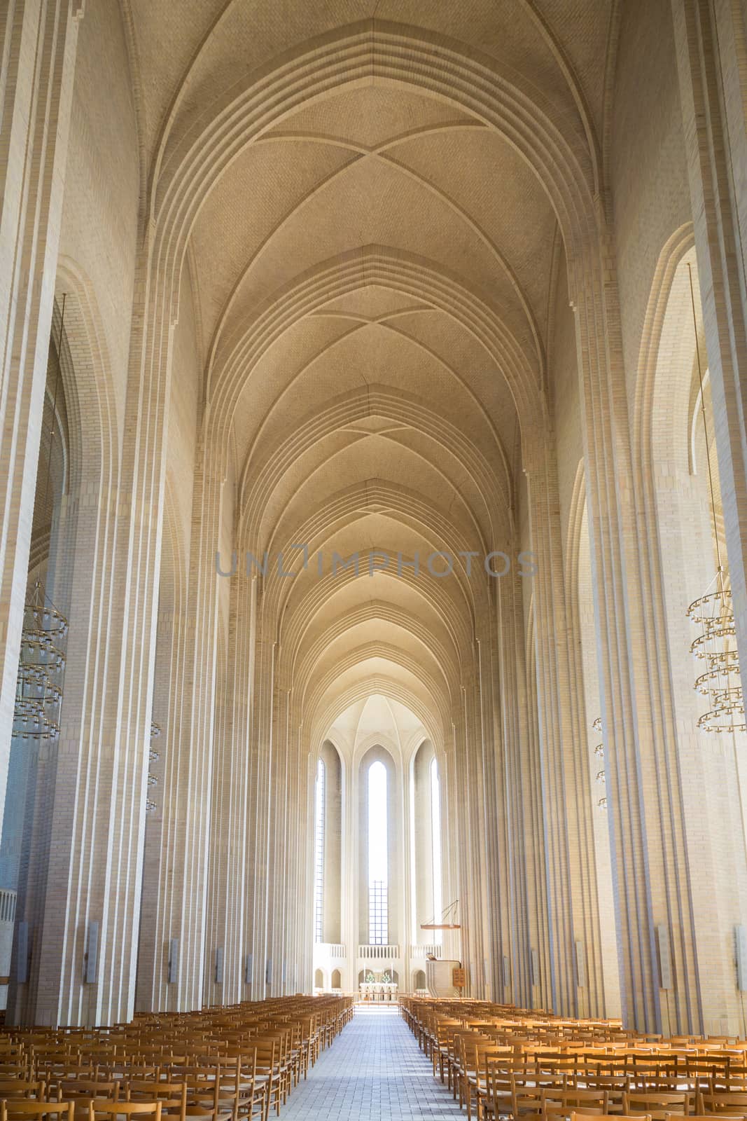 Copenhagen, Denmark - April 11, 2016: Interior view of Grundtvigs Church. Grundtvigs Church is a rare example of expressionist church architecture.