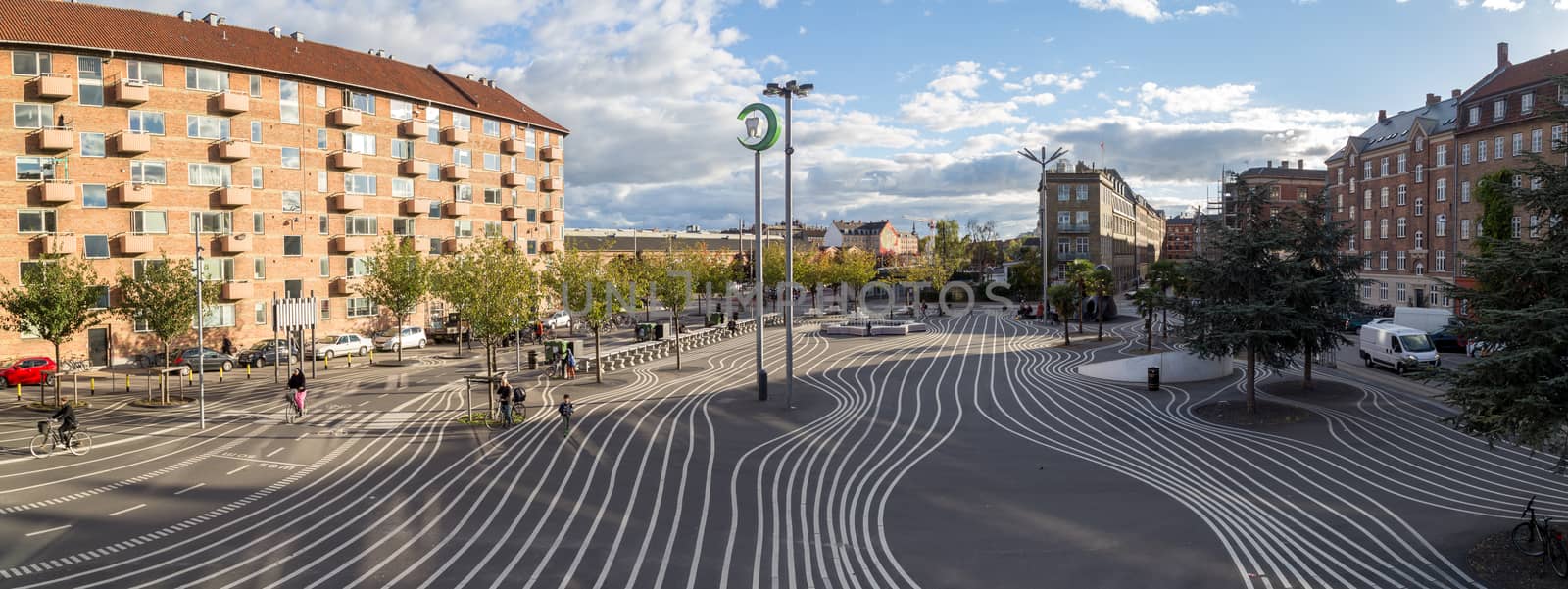 Copenhagen, Denmark - October 4, 2014: Panoramic View of Superkilen Park in Norrebro district. Designed by the arts group Superflex.