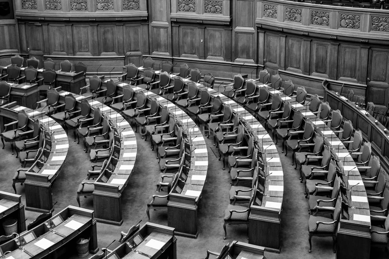 Copenhagen, Denmark - Occtober 05, 2016: Black and white photograph of the interior of the Danish parliament also called Folketinget