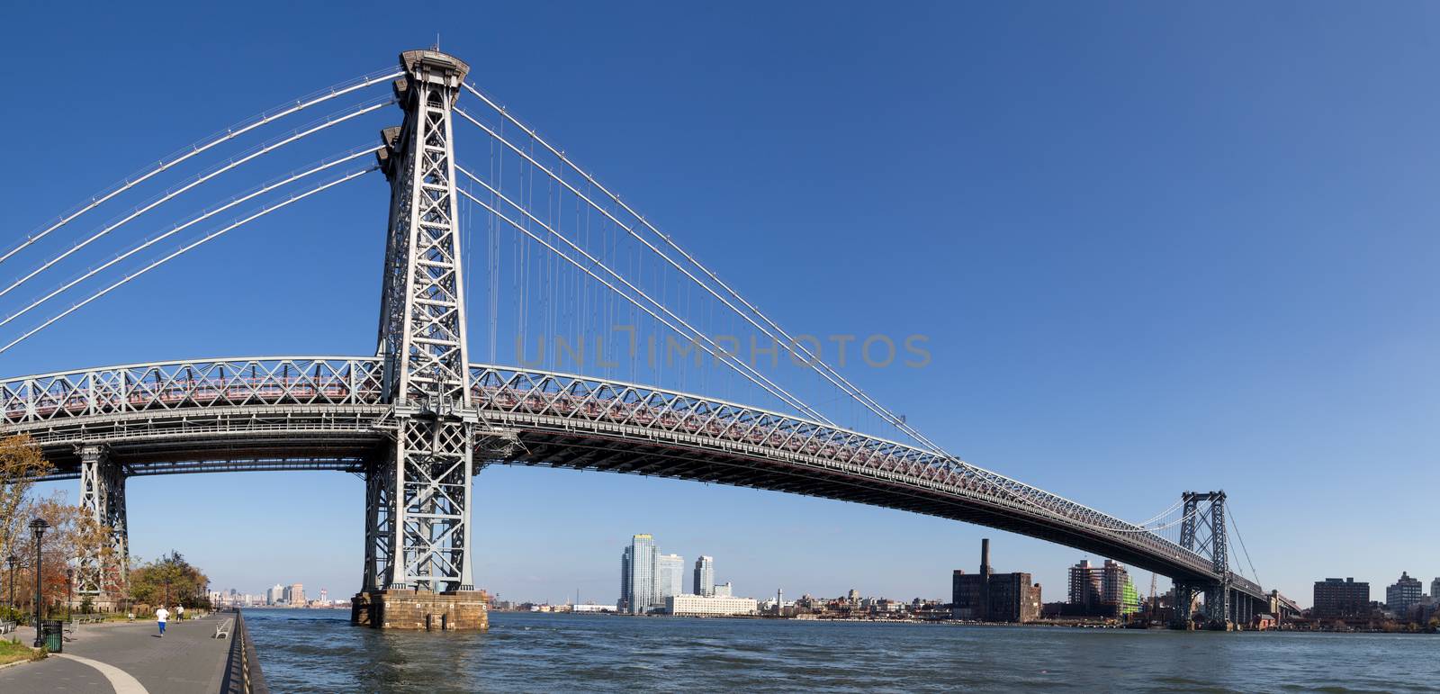 New York, United States of America - November 17, 2016: PAnoramic view of Williamsburg Bridge connecting Manhattan and Brooklyn