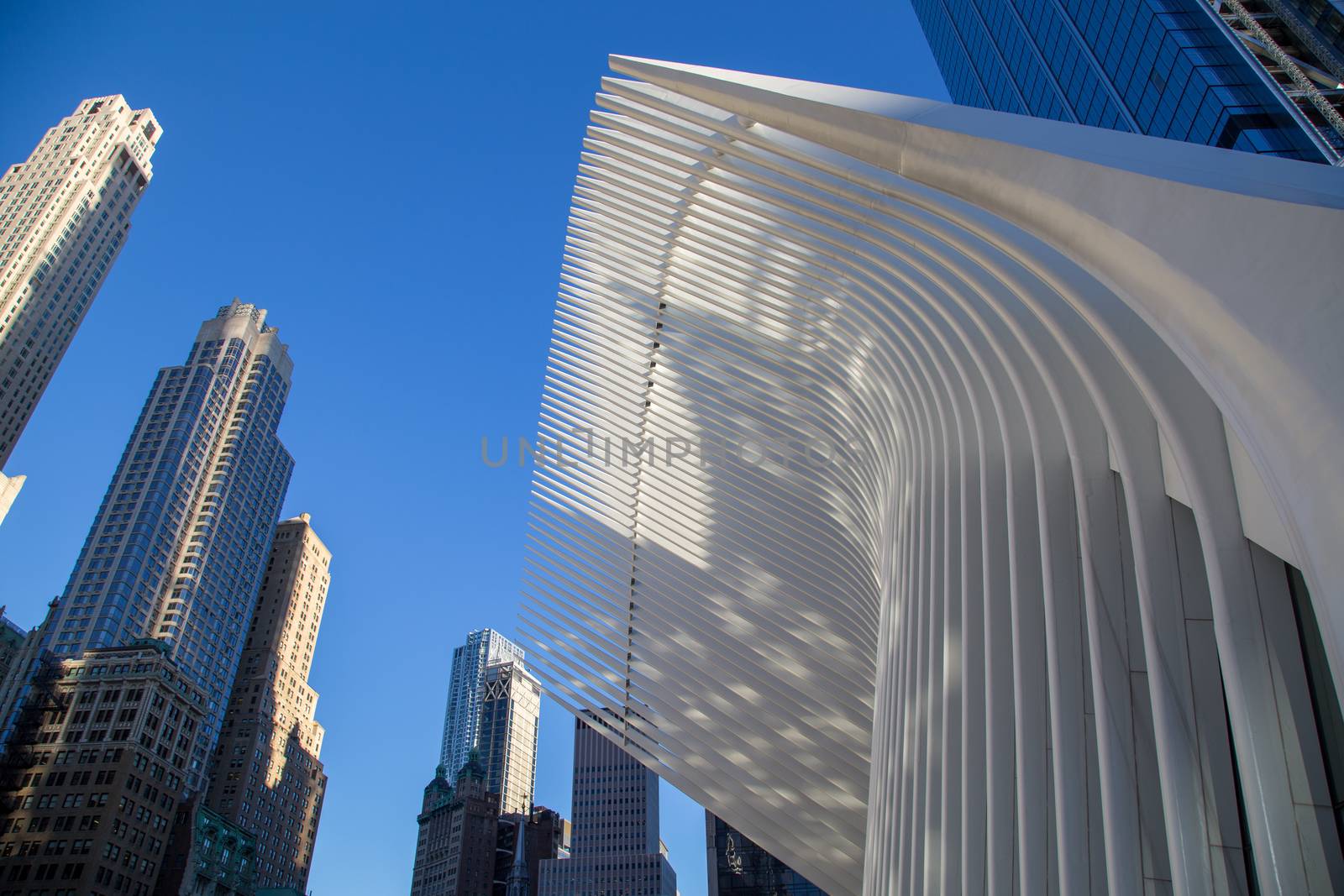 New York, United States of America - September 19, 2019: Exterior view of the roof structure of the World Trade Center train station, also called Oculus