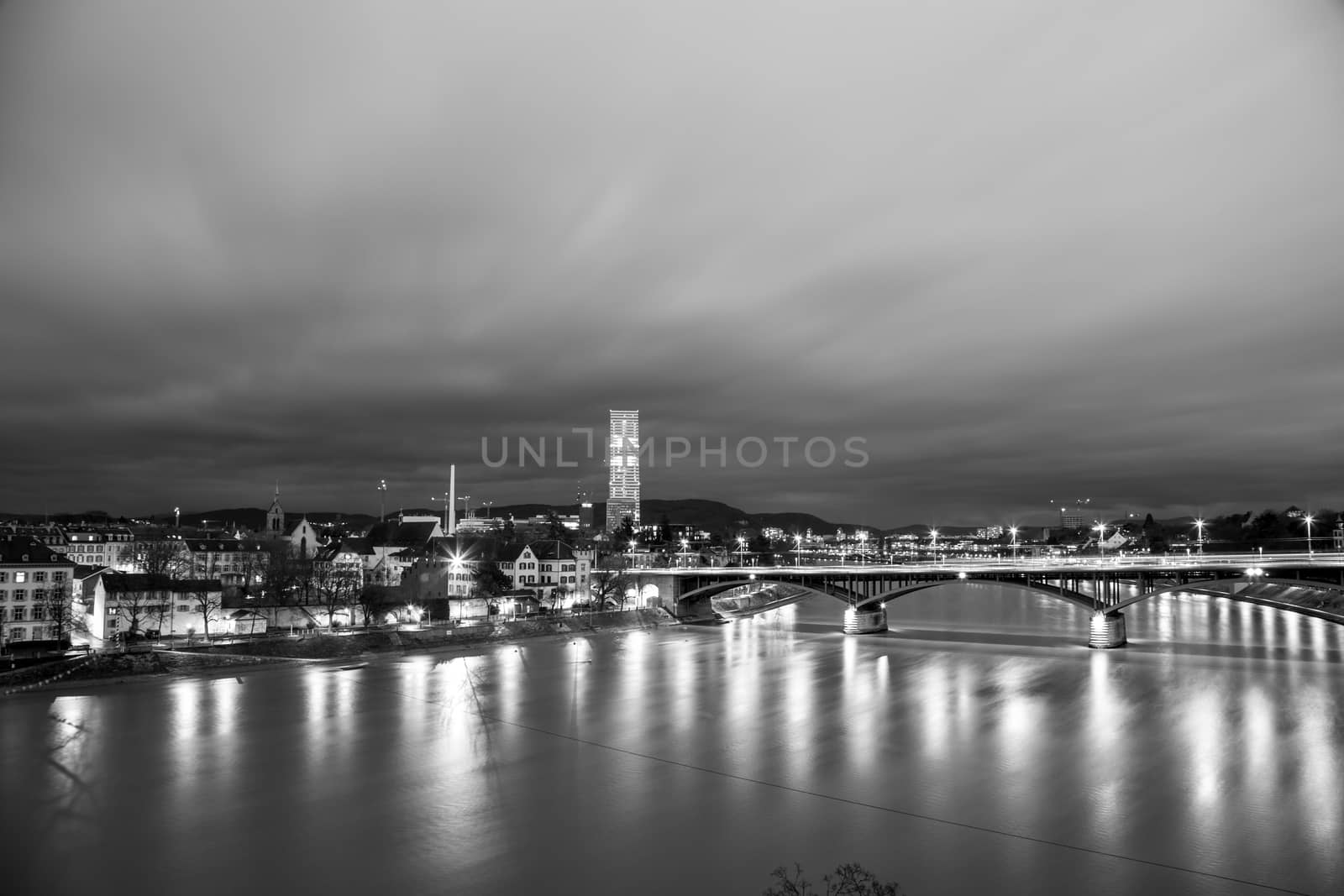 Basel, Switzerland - February 04, 2017: Panoramic view of the city and the river Rhine in black and white.