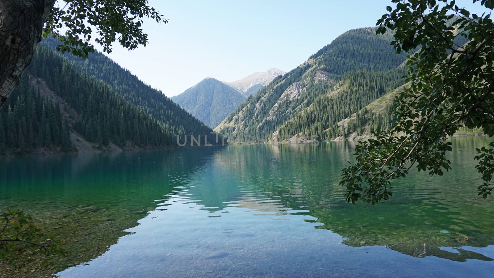 Kolsay lake among green hills and mountains. The mountain lake is surrounded by green forest, tall coniferous trees, grass and bushes. Clean water is like a mirror. Tourists swim on boats. Kazakhstan