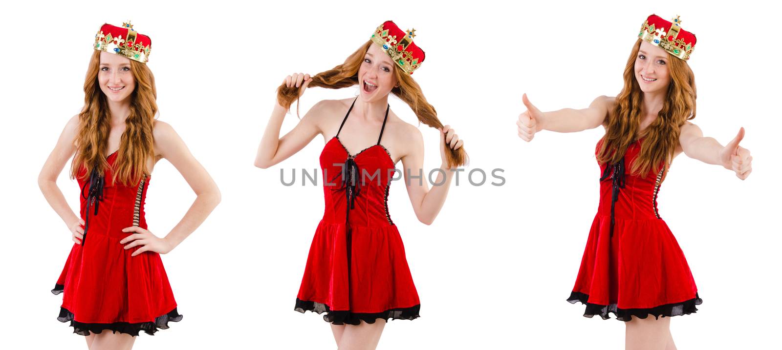 Redhead girl with crown isolated on white