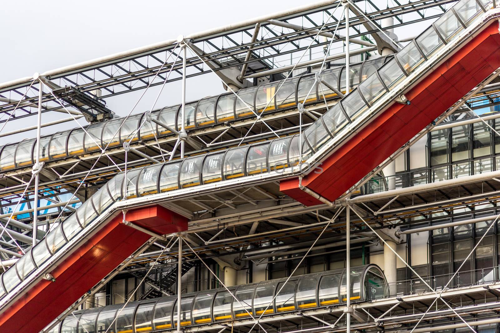 Paris, France - May 12, 2017: Architectural details on the facade of the Centre Pompidou. The Centre Pompidou is home to the National Museum of Modern Art.