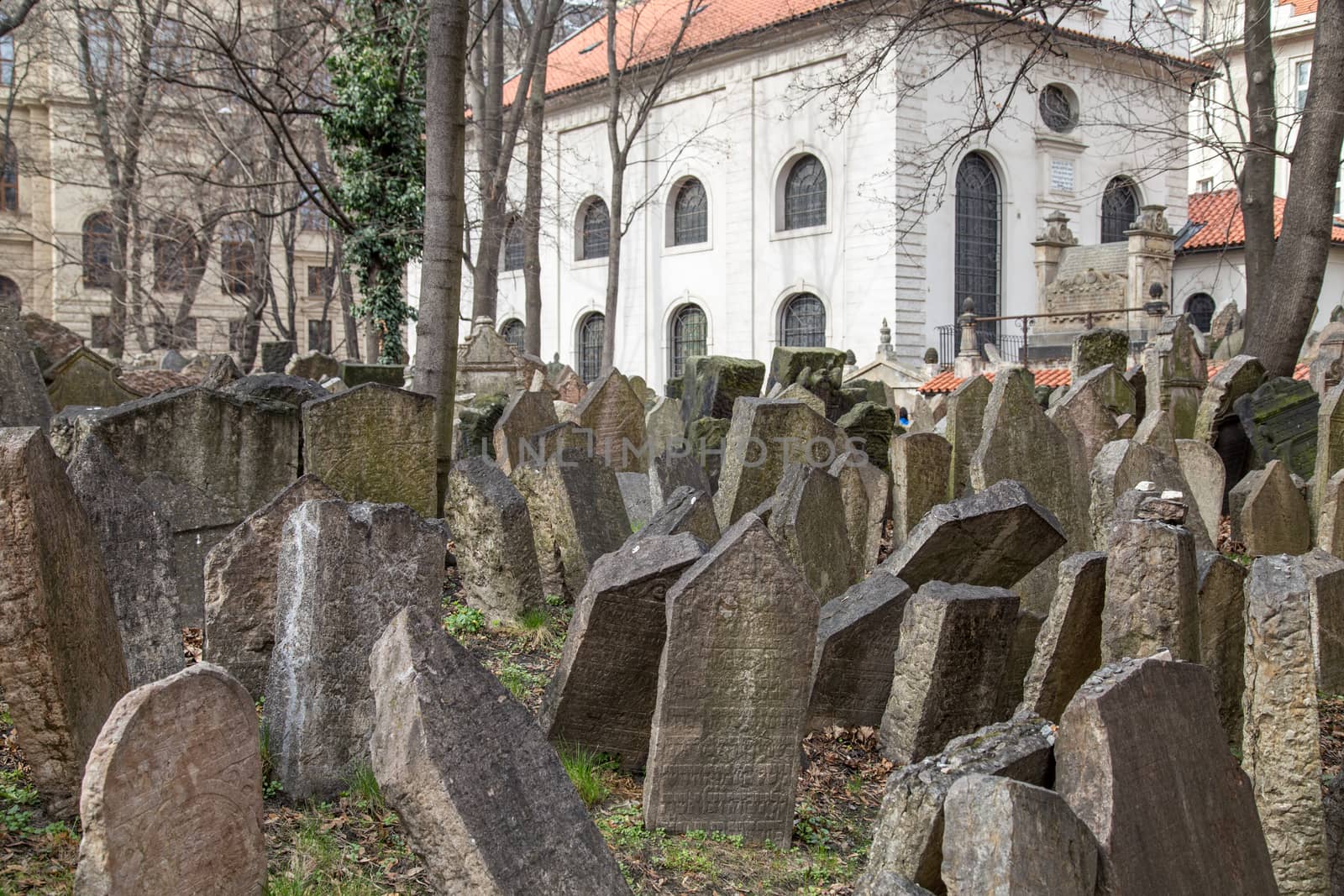 Prague, Czech Republic - March 17, 2017: Tombstones on the Old Jewish Cemetery in the Jewish quarter