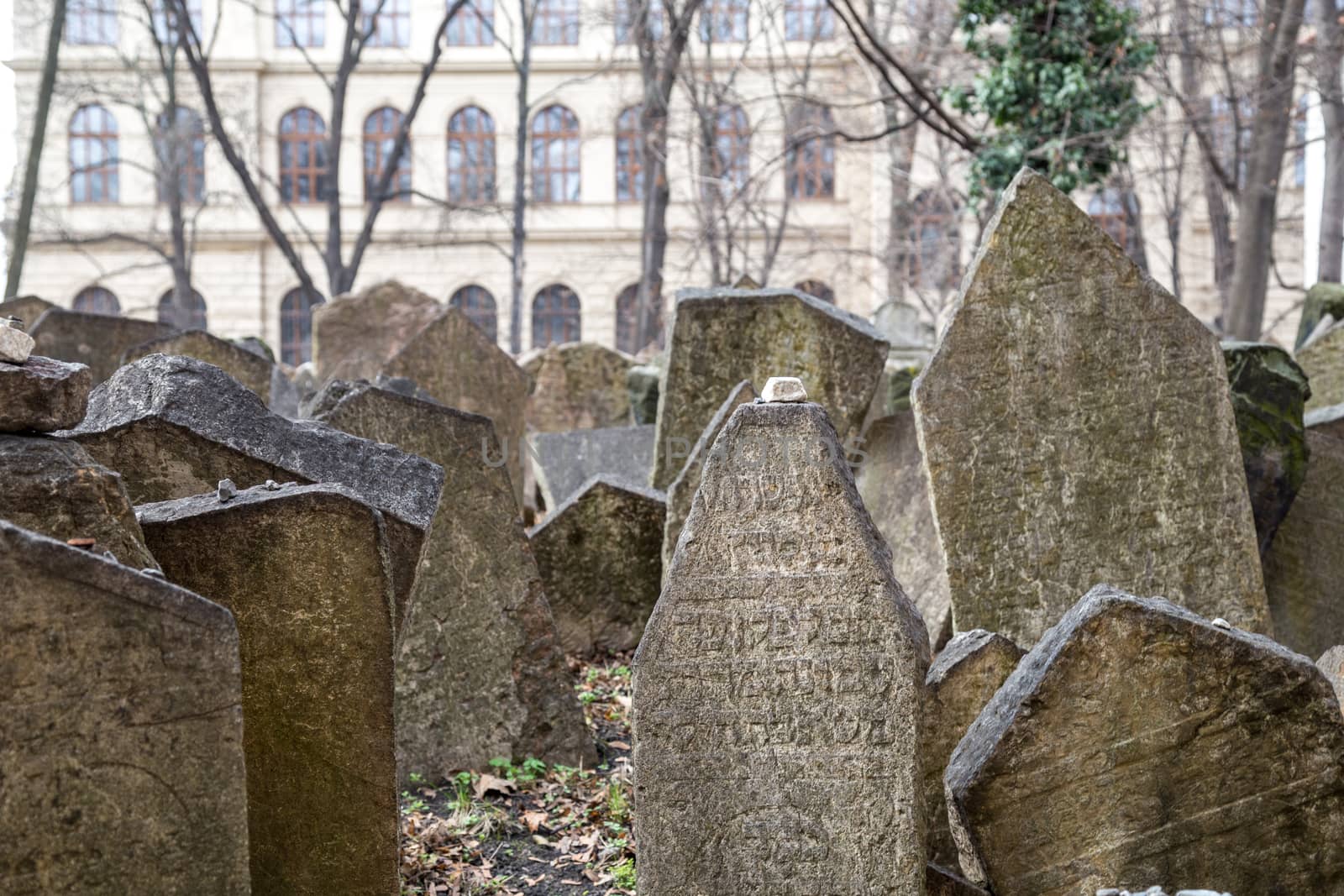 Prague, Czech Republic - March 17, 2017: Tombstones on the Old Jewish Cemetery in the Jewish quarter