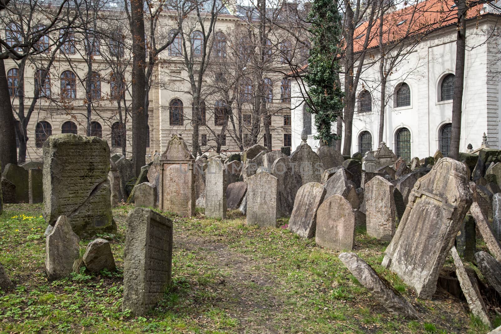 Prague, Czech Republic - March 17, 2017: Tombstones on the Old Jewish Cemetery in the Jewish quarter