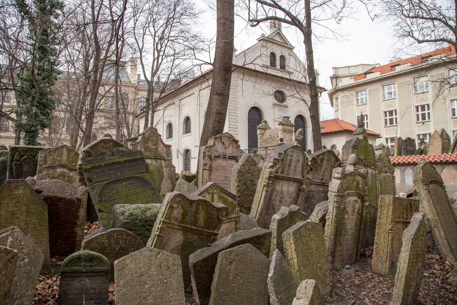 Prague, Czech Republic - March 17, 2017: Tombstones on the Old Jewish Cemetery in the Jewish quarter