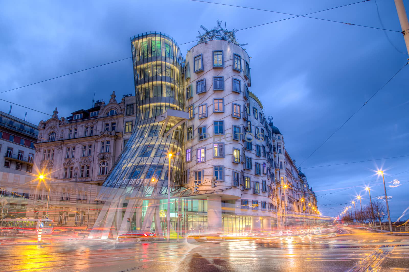 Prague, Czech Republic - March 18, 2017: Evening view of the Dancing House