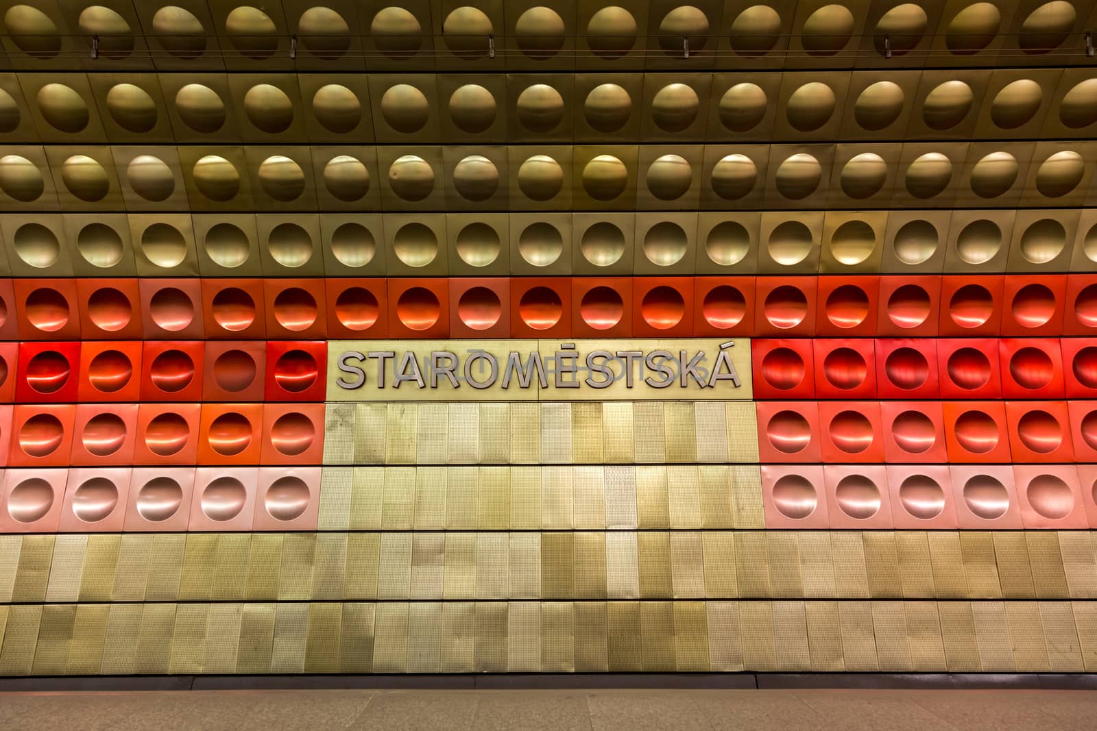 Prague, Czech Republic - March 20, 2017: Name sign at Staromestska metro station