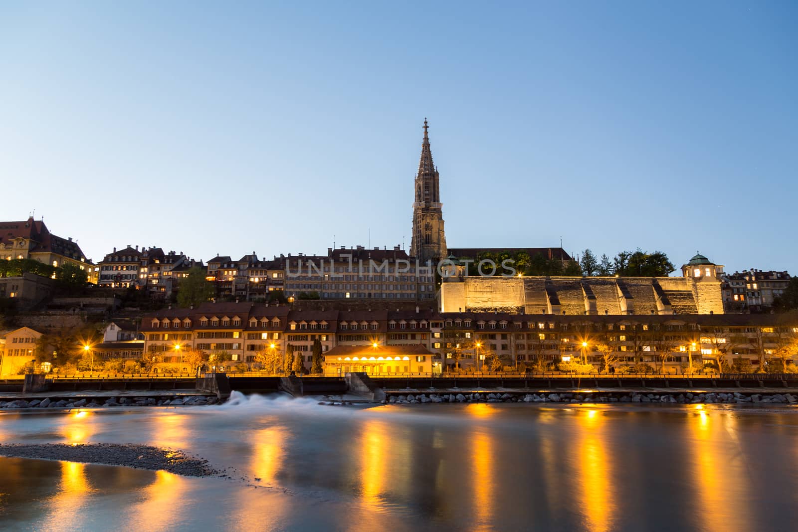 Berne, Switzerland - April 13, 2007: Night view of the historic city centre and the Aare River.